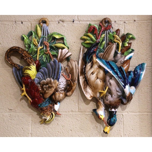 Pair Early 20th Century French Barbotine Majolica Game Bird Wall Pockets For Sale In Dallas - Image 6 of 14