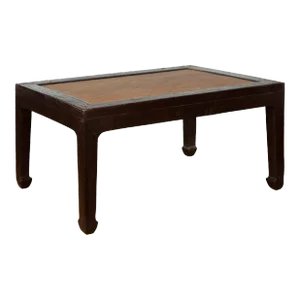 Chinese Early 20th Century Dark Brown Elm Coffee Table with Rattan Inset Top