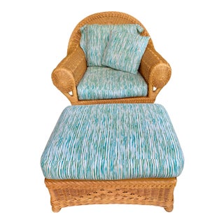 Mid Century Large Rattan Chair & Ottoman Green Print For Sale