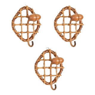 Round Coat Hooks in Rattan and Wicker by Franco Albini, Italy, 1960s, Set of 3 For Sale