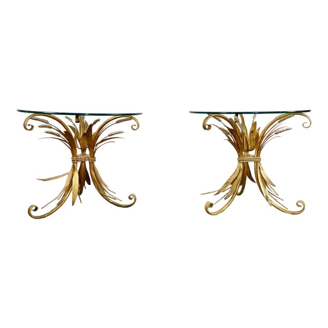 Vintage Gilt Sheaf of Wheat Side Tables With Round Glass Tops, a Pair For Sale