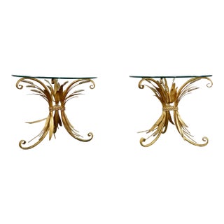 Vintage Gilt Sheaf of Wheat Side Tables With Round Glass Tops, Pair For Sale