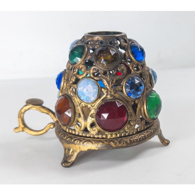 Traditional 19th Century Aesthetic Movement Gilt Brass and Jeweled Candle Fairy Lamp, English or American For Sale - Image 3 of 12