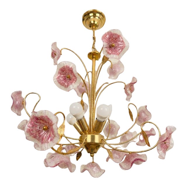 1970s Murano "Pink Lily" Sfumato Lily Chandelier in Brass – Italian Floral Glass Pendant For Sale