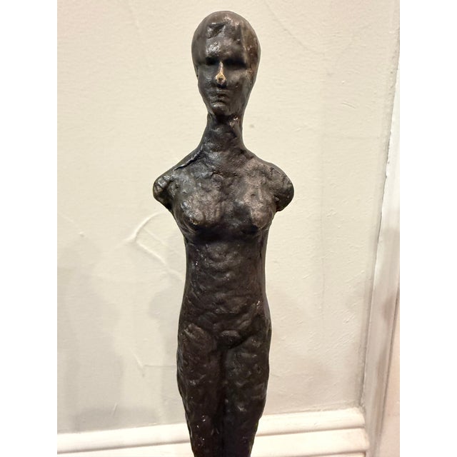 Late 20th Century Pair of Giacometti Style Male & Female Figural Sculptures on Marble Bases For Sale - Image 9 of 17