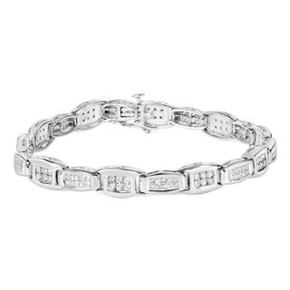 14K White Gold 2-1/2 Cttw Round-Brilliant & Baguette Cut Diamond 7" Alternating Flared Links Tennis Bracelet (H-I Color, SI1-SI2 Clarity) For Sale