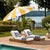 Introducing the BUTI 9 ft crank umbrella, a stylish addition to any outdoor space. Featuring a vibrant yellow stripe...