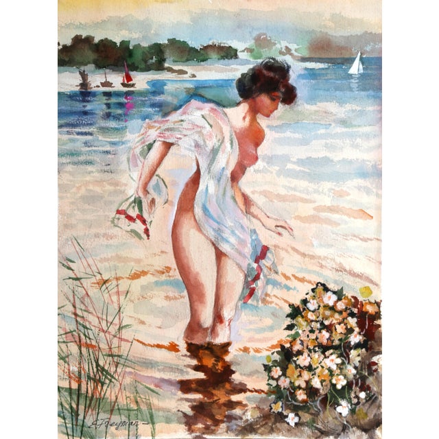 Lady Bathing, Erik Freyman Watercolor With Pastel on Paper, Signed in Pen For Sale - Image 4 of 4
