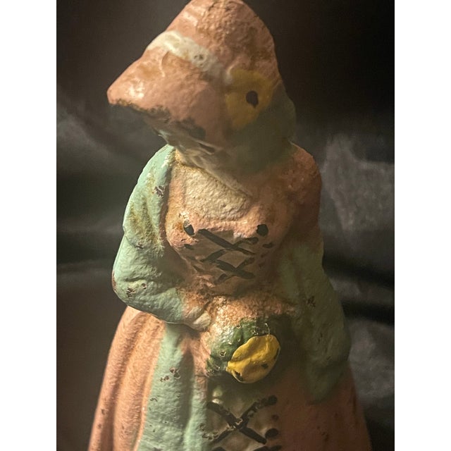 Victorian Antique Cast Iron Doorstop W Victorian Lady in Peachy Pink Colonial Attire & Sunflower Bonnet For Sale - Image 3 of 12