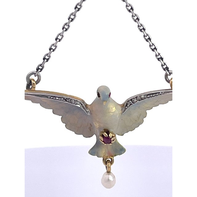 Art Nouveau 18k Gold Enamel Dove Necklace With Diamonds & Ruby, 1910 For Sale - Image 12 of 12