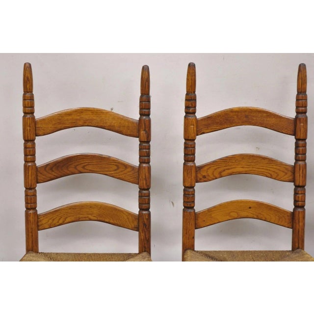 Traditional Antique Ladderback Primitive Rustic Oak Wood Rush Seat Dining Chairs - Set of 4 For Sale - Image 3 of 11