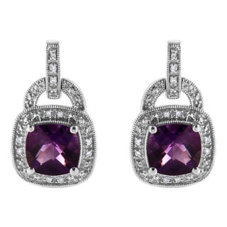 .925 Sterling Silver 8MM Natural Cushion Shaped Amethyst and Diamond Accent Halo with Push Back Dangle Earrings , A Pair For Sale