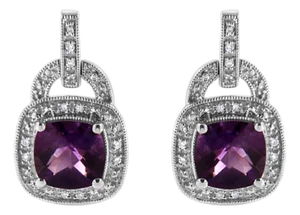 .925 Sterling Silver 8MM Natural Cushion Shaped Amethyst and Diamond Accent Halo with Push Back Dangle Earrings , A Pair