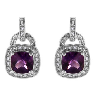 .925 Sterling Silver 8MM Natural Cushion Shaped Amethyst and Diamond Accent Halo with Push Back Dangle Earrings (I-J Color, I2-I3 Clarity) For Sale