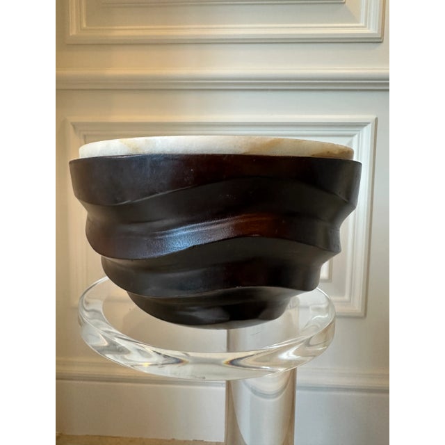 Vintage 1970’s Handcarved Wood Bowl With Cork Lined Marble Top For Sale - Image 10 of 15