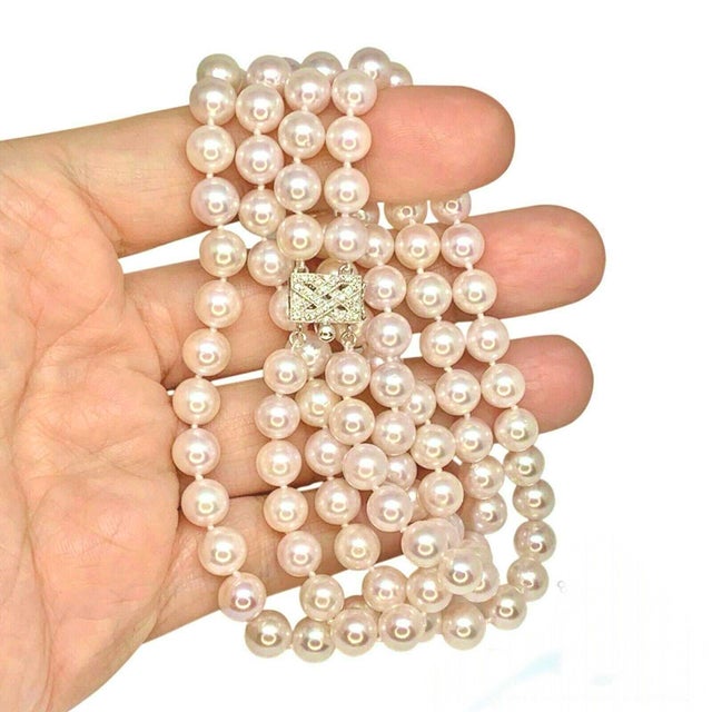 1990s Diamond Akoya Pearl Necklace 8 Mm 14k Gold 18 3/4" 2-Strand Certified For Sale - Image 4 of 15