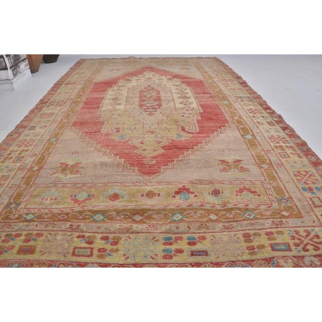 Turkish Vintage Distressed Turkish Oushak Rug in Crimson Red, Navy Blue & Soft Sage For Sale - Image 3 of 10