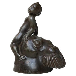 Vintage Metal Figurine with Walrus & Faun by Just Andersen, 1930s For Sale
