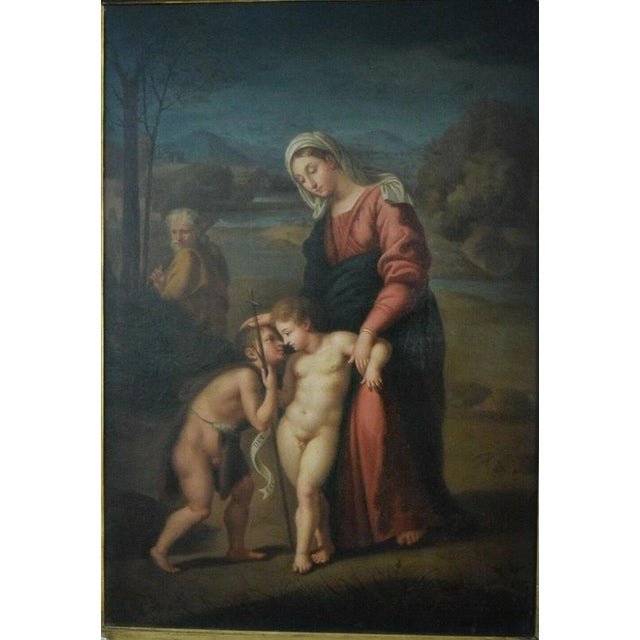 A beautifully evocative antique Italian School oil painting depicting The Holy Family Meeting the Infant Saint John the...