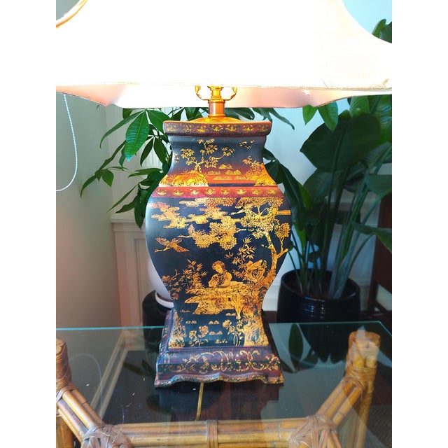 Chinoiserie Late 20th Century Frederick Cooper Attributed Chinoiserie Lamp With Silk Pagoda Shade For Sale - Image 3 of 10