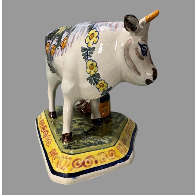 Late 19th Century Antique Dutch Faience Delft Porcelain Figural Cow & Milkmaid Statue For Sale - Image 5 of 8