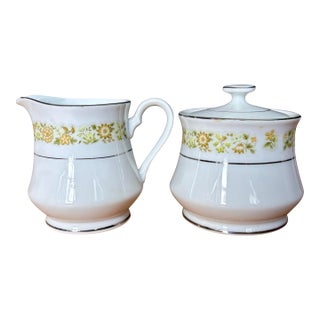 Vintage Towne House Spring 3094 Creamer & Sugar Bowl Set • Yellow Floral Band and Silver Trim For Sale