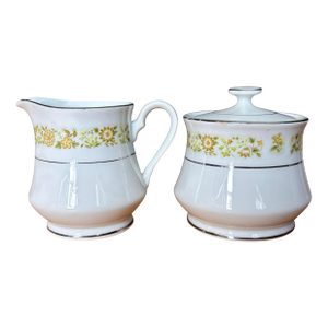 Vintage Towne House Spring 3094 Creamer & Sugar Bowl Set • Yellow Floral Band and Silver Trim