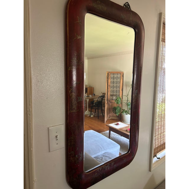 1950s 1950s Hand Painted Leather Over Wood Chinoiserie Mirror For Sale - Image 5 of 7