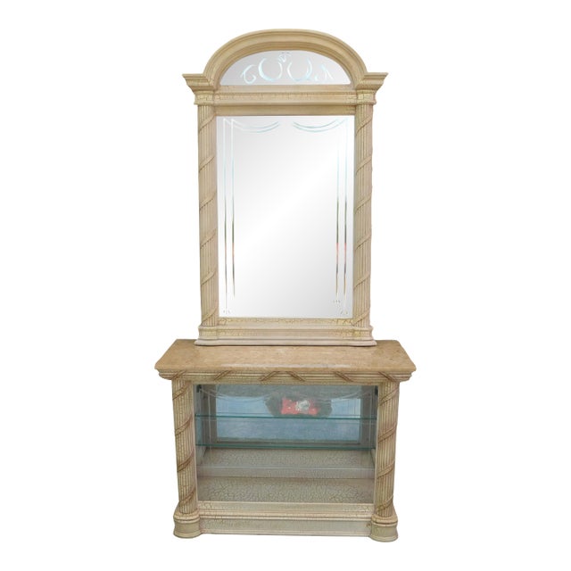 Pulaski Furniture C1980s Faux Stone Etched Mirror & Marble Top Lighted Display Console For Sale