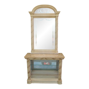 Pulaski Furniture C1980s Faux Stone Etched Mirror & Marble Top Lighted Display Console