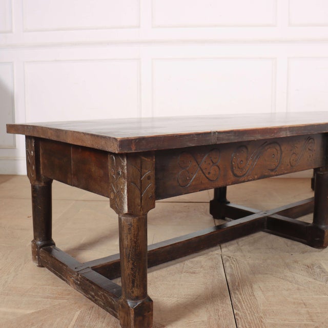 Large 19th C English coffee table on 6 legs with fruitwood base and thick pine top, good colour. 1840 4cm thick top This...