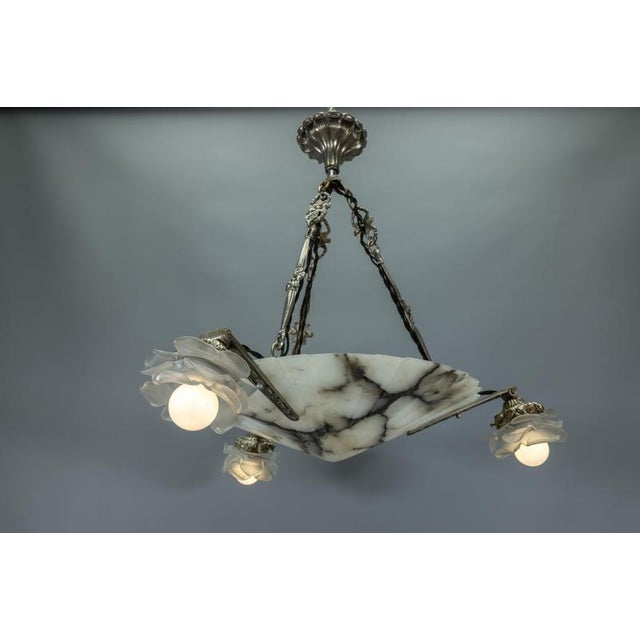 Art Deco French Alabaster and Frosted Glass Four-Light Chandelier, 1920s For Sale - Image 4 of 18