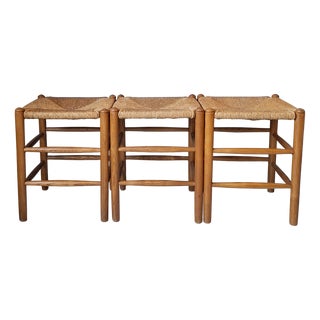 Wood and Rush Stools, 1960s, Set of 3 For Sale