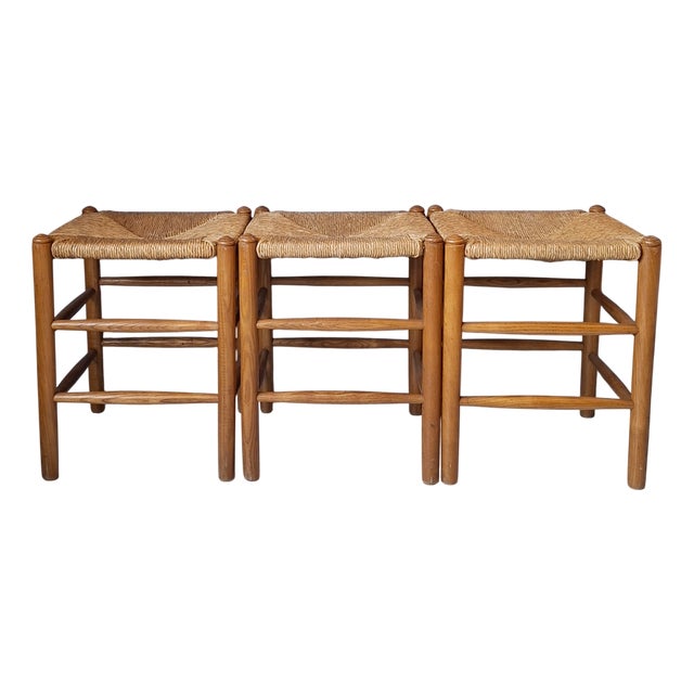 Wood and Rush Stools, 1960s, Set of 3 For Sale