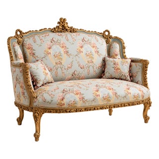 French-Style Sofa – Light Blue Damask Upholstery, Ornate Gold Leaf Frame & Two Cushions For Sale