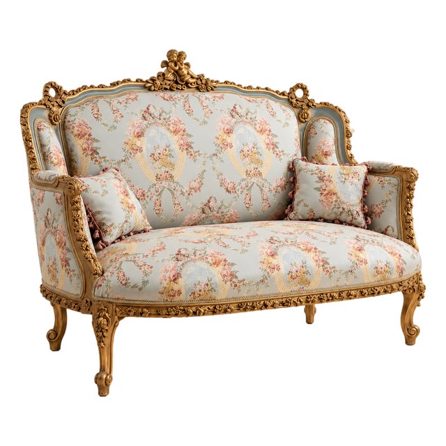 French-Style Sofa – Light Blue Damask Upholstery, Ornate Gold Leaf Frame & Two Cushions For Sale