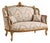 French-Style Sofa – Light Blue Damask Upholstery, Ornate Gold Leaf Frame & Two Cushions For Sale