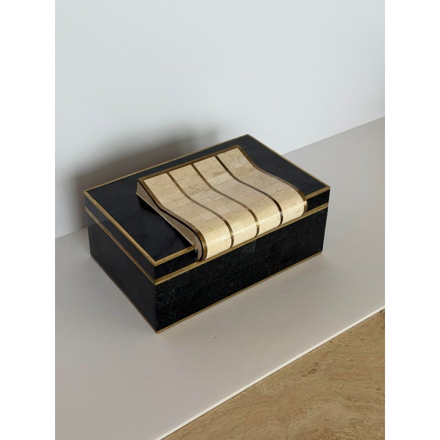 Black 1980s Vintage Maitland Smith Tessellated Black & Beige Stone Brass Rectangular Box For Sale - Image 8 of 10