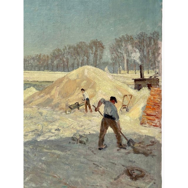 Painting, oil on canvas, representing a view of the Seine at the Pont de la Concorde in Paris with workers on the quays in...