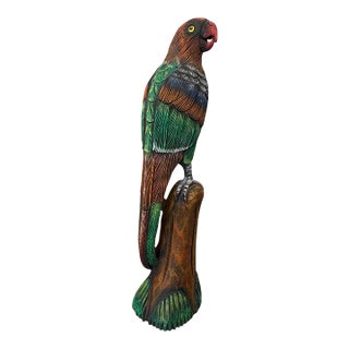 Vintage Carved Wood Perched Parrot Bird Statue Sculpture Figurine 16.5" For Sale