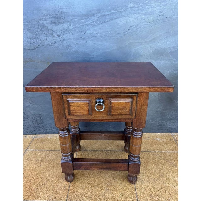 Brown Early 20th Century Spanish Oak Side Table with Drawer, 1930 For Sale - Image 8 of 11