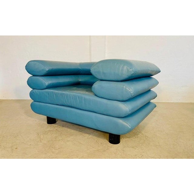 Vintage Postmodern Swedish Turquoise Leather Stacked Lounge Chair, 1980 For Sale - Image 11 of 18