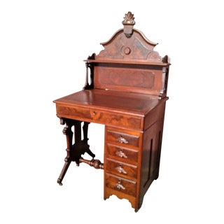 Late 19th Century Antique Walnut Victorian Ladies Slant Top Writing Desk Fancy Top Half 1870s Era For Sale