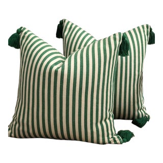 Green & Off White Throw Pillows With Tassel Trim - A Pair For Sale