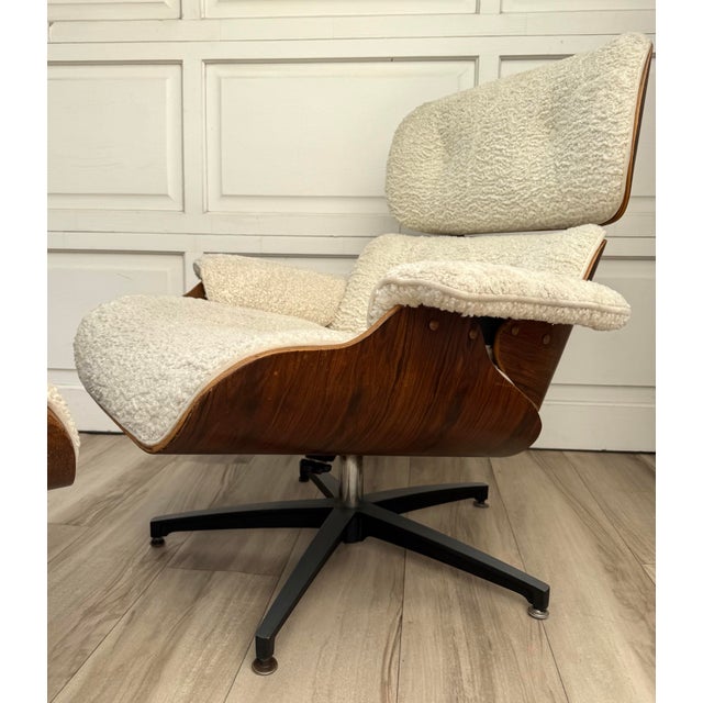 This vintage 1960-1970s Eames-style lounge chair and ottoman features beautifully molded walnut veneer shells paired with...