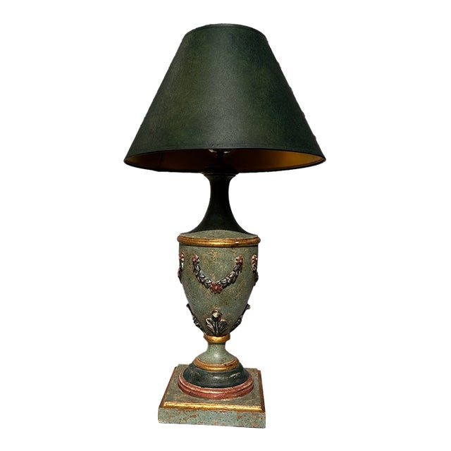 1990s French Green Lamp With Garland and Leaf Motif For Sale