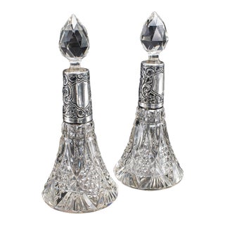 Pair of Small Antique Scent Bottles, English, Perfume Decanter, Silver Collar For Sale