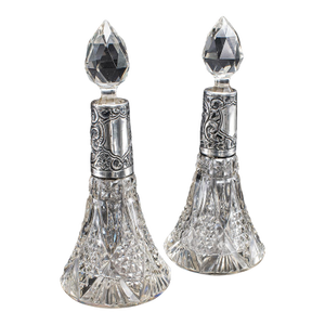 Pair of Small Antique Scent Bottles, English, Perfume Decanter, Silver Collar