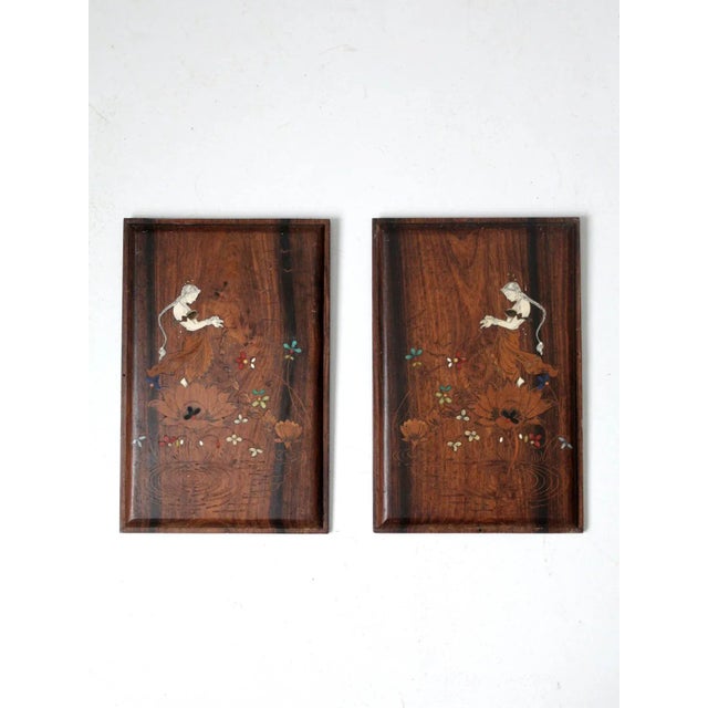 Brown Vintage Floral Goddess Etched Wood Plaque Wall Hangings Pair For Sale - Image 8 of 8
