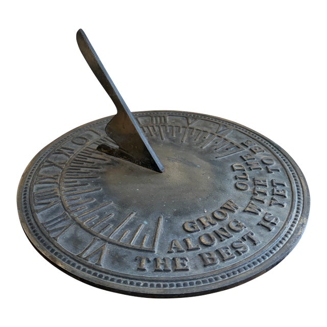 Vintage English Country Iron Garden Sundial "Grow Old Along With Me" For Sale
